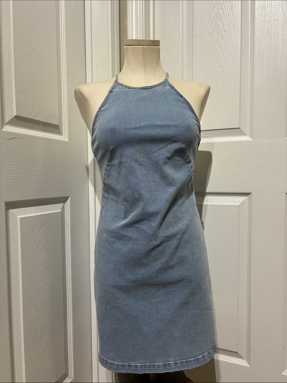 Stoosh Sleeveless Halter Denim Mini Dress - Blue